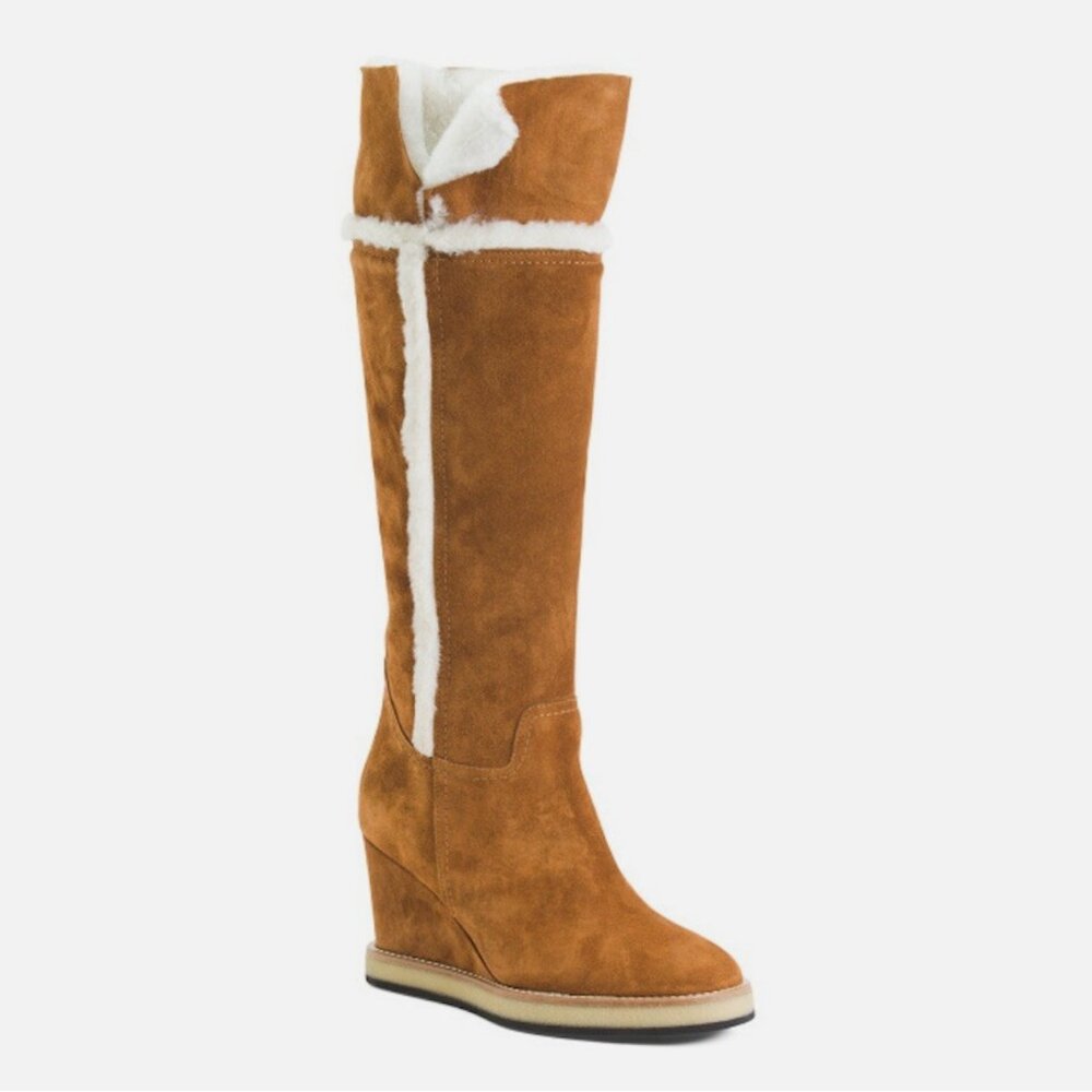 Napoleoni Cognac Tall Suede Sherpa Cuff Boots